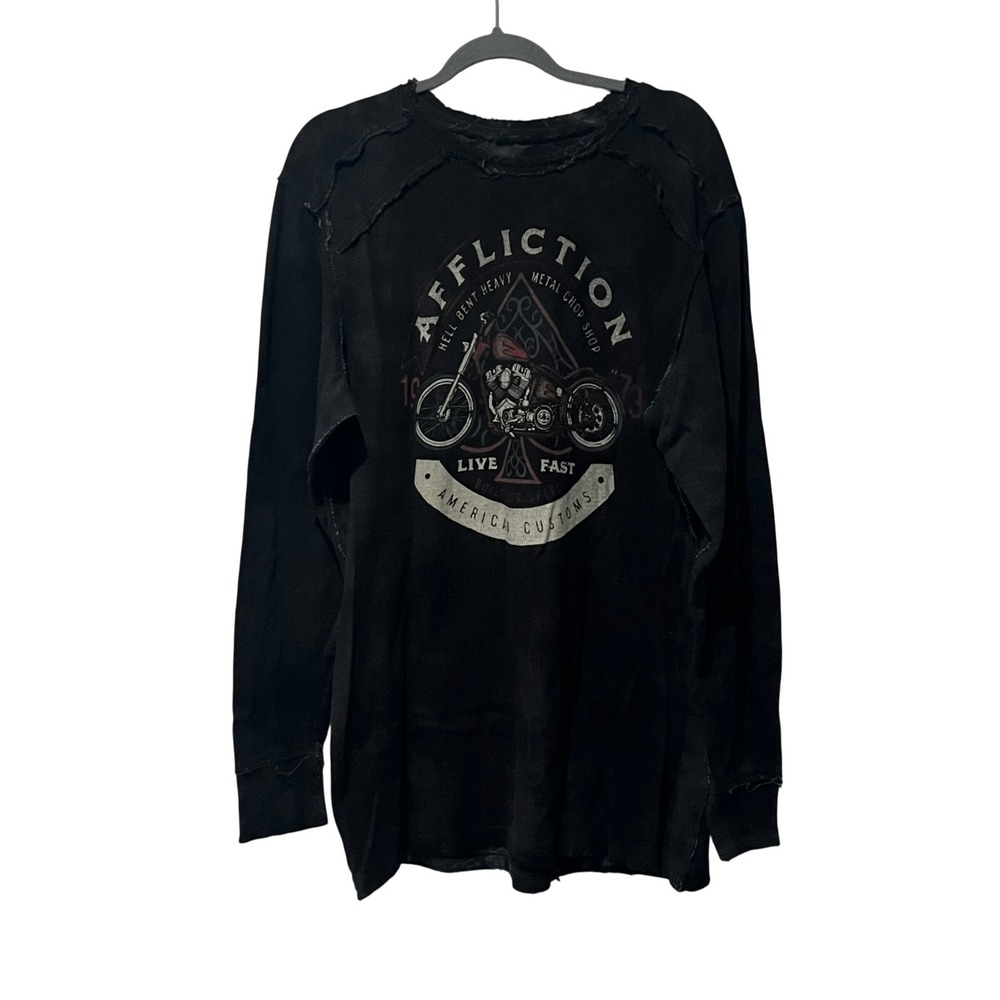 Affliction Mens Live Fast Thermal Shirt Black Distressed Raw Hems XXL Motorcycle